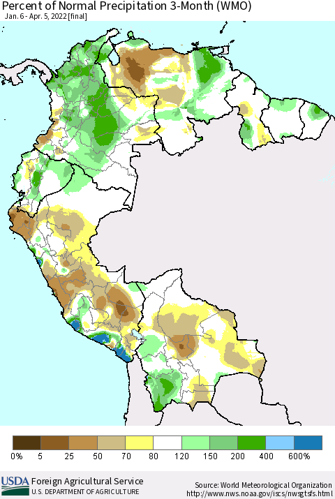 Northern South America Percent of Normal Precipitation 3-Month (WMO) Thematic Map For 1/6/2022 - 4/5/2022