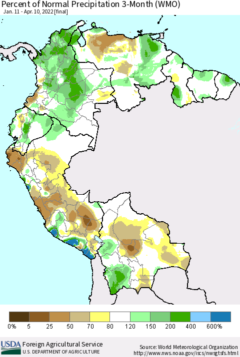 Northern South America Percent of Normal Precipitation 3-Month (WMO) Thematic Map For 1/11/2022 - 4/10/2022