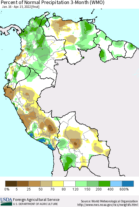 Northern South America Percent of Normal Precipitation 3-Month (WMO) Thematic Map For 1/16/2022 - 4/15/2022