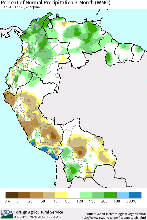 Northern South America Percent of Normal Precipitation 3-Month (WMO) Thematic Map For 1/26/2022 - 4/25/2022