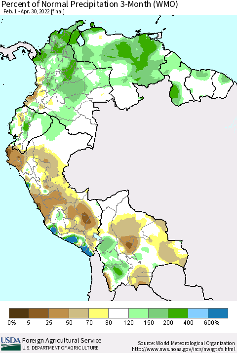 Northern South America Percent of Normal Precipitation 3-Month (WMO) Thematic Map For 2/1/2022 - 4/30/2022