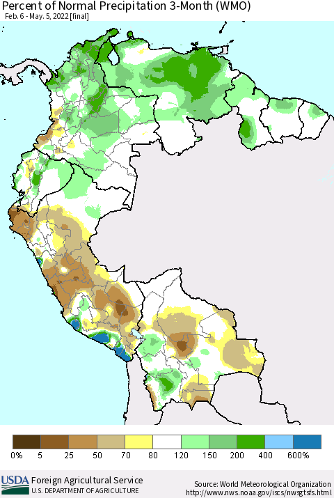 Northern South America Percent of Normal Precipitation 3-Month (WMO) Thematic Map For 2/6/2022 - 5/5/2022