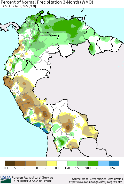 Northern South America Percent of Normal Precipitation 3-Month (WMO) Thematic Map For 2/11/2022 - 5/10/2022