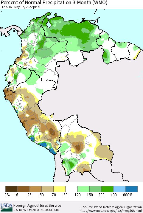 Northern South America Percent of Normal Precipitation 3-Month (WMO) Thematic Map For 2/16/2022 - 5/15/2022