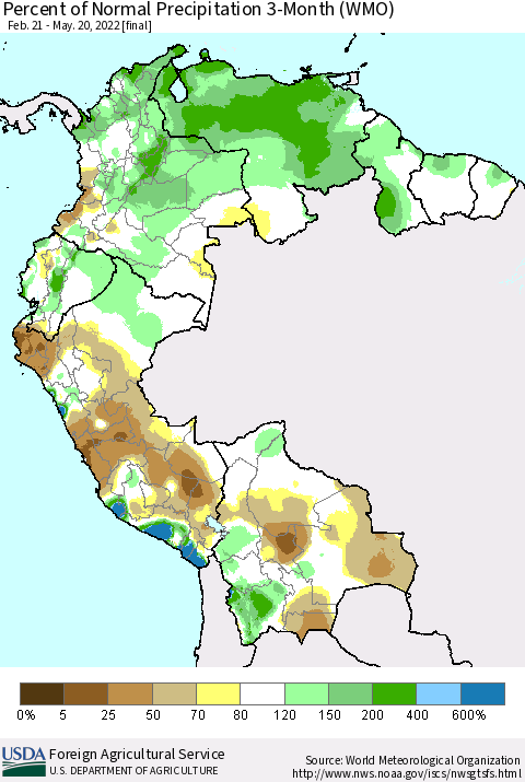Northern South America Percent of Normal Precipitation 3-Month (WMO) Thematic Map For 2/21/2022 - 5/20/2022