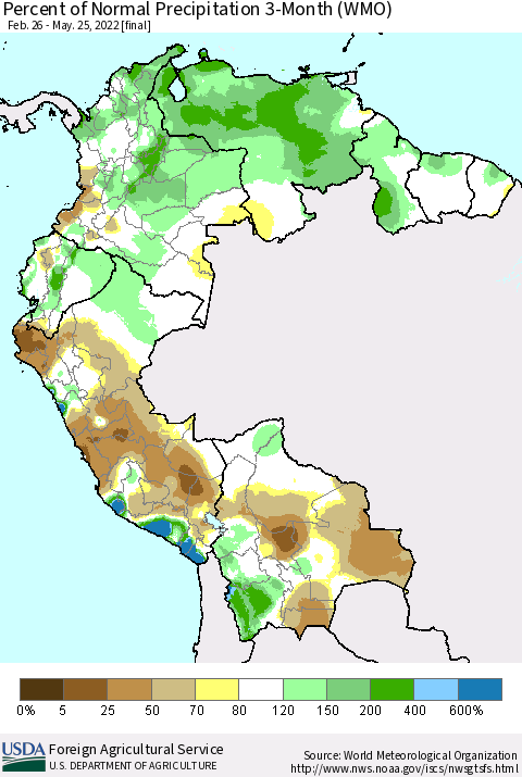 Northern South America Percent of Normal Precipitation 3-Month (WMO) Thematic Map For 2/26/2022 - 5/25/2022