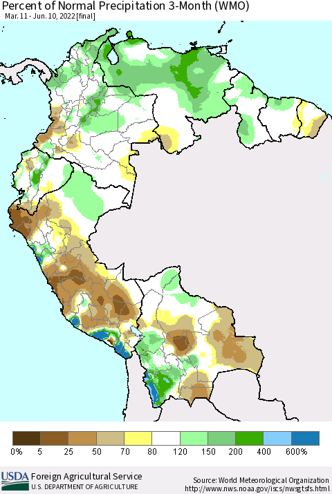 Northern South America Percent of Normal Precipitation 3-Month (WMO) Thematic Map For 3/11/2022 - 6/10/2022
