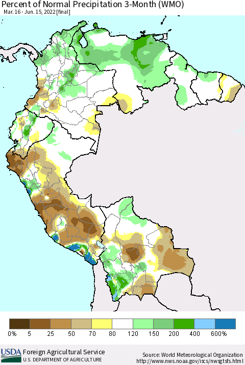 Northern South America Percent of Normal Precipitation 3-Month (WMO) Thematic Map For 3/16/2022 - 6/15/2022