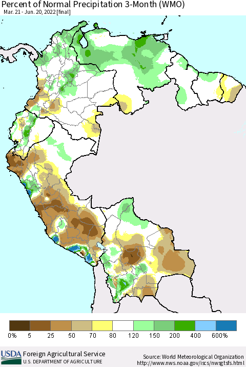 Northern South America Percent of Normal Precipitation 3-Month (WMO) Thematic Map For 3/21/2022 - 6/20/2022
