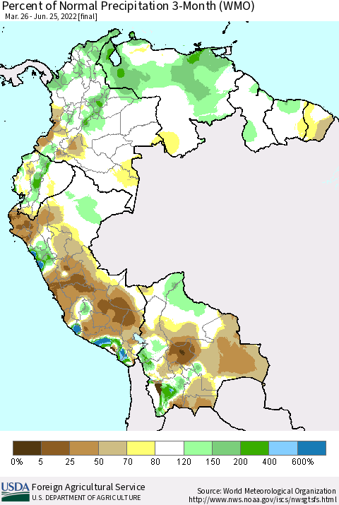 Northern South America Percent of Normal Precipitation 3-Month (WMO) Thematic Map For 3/26/2022 - 6/25/2022