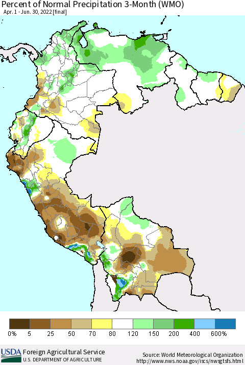 Northern South America Percent of Normal Precipitation 3-Month (WMO) Thematic Map For 4/1/2022 - 6/30/2022