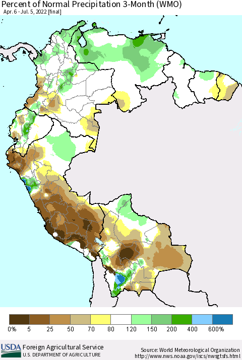 Northern South America Percent of Normal Precipitation 3-Month (WMO) Thematic Map For 4/6/2022 - 7/5/2022