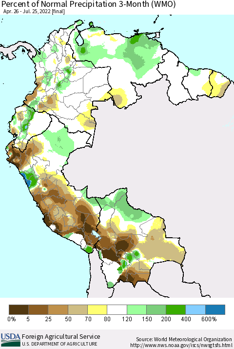 Northern South America Percent of Normal Precipitation 3-Month (WMO) Thematic Map For 4/26/2022 - 7/25/2022