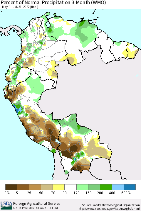 Northern South America Percent of Normal Precipitation 3-Month (WMO) Thematic Map For 5/1/2022 - 7/31/2022