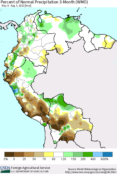 Northern South America Percent of Normal Precipitation 3-Month (WMO) Thematic Map For 5/6/2022 - 8/5/2022