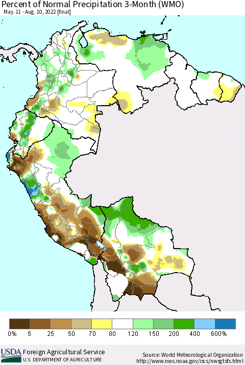 Northern South America Percent of Normal Precipitation 3-Month (WMO) Thematic Map For 5/11/2022 - 8/10/2022