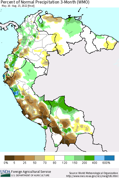 Northern South America Percent of Normal Precipitation 3-Month (WMO) Thematic Map For 5/16/2022 - 8/15/2022