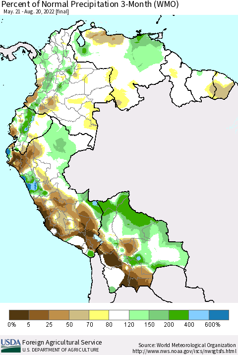Northern South America Percent of Normal Precipitation 3-Month (WMO) Thematic Map For 5/21/2022 - 8/20/2022