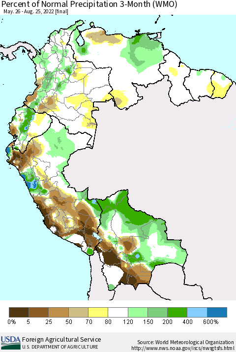 Northern South America Percent of Normal Precipitation 3-Month (WMO) Thematic Map For 5/26/2022 - 8/25/2022