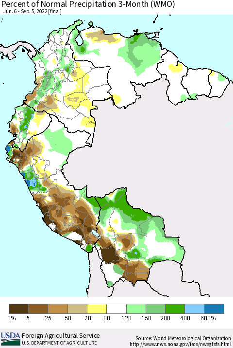 Northern South America Percent of Normal Precipitation 3-Month (WMO) Thematic Map For 6/6/2022 - 9/5/2022