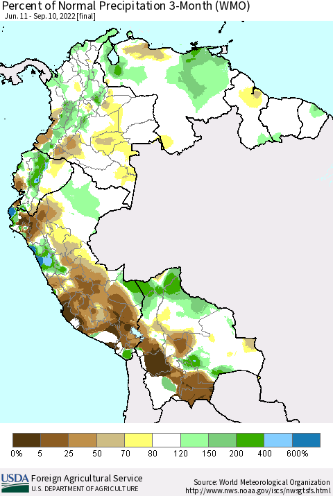 Northern South America Percent of Normal Precipitation 3-Month (WMO) Thematic Map For 6/11/2022 - 9/10/2022
