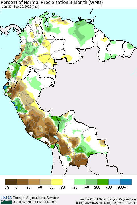 Northern South America Percent of Normal Precipitation 3-Month (WMO) Thematic Map For 6/21/2022 - 9/20/2022