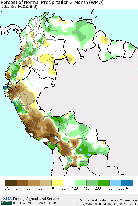 Northern South America Percent of Normal Precipitation 3-Month (WMO) Thematic Map For 7/1/2022 - 9/30/2022