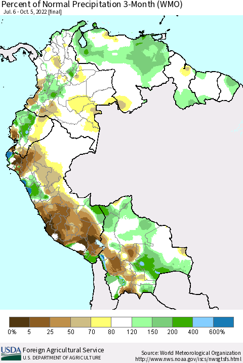 Northern South America Percent of Normal Precipitation 3-Month (WMO) Thematic Map For 7/6/2022 - 10/5/2022