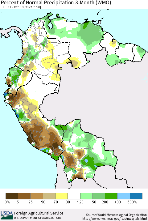 Northern South America Percent of Normal Precipitation 3-Month (WMO) Thematic Map For 7/11/2022 - 10/10/2022