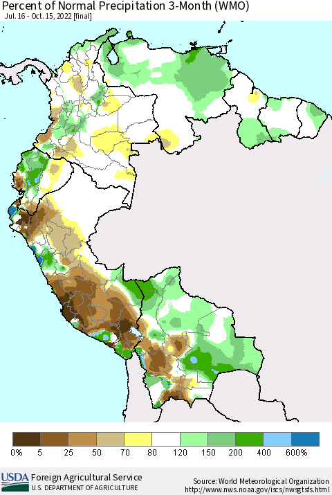 Northern South America Percent of Normal Precipitation 3-Month (WMO) Thematic Map For 7/16/2022 - 10/15/2022