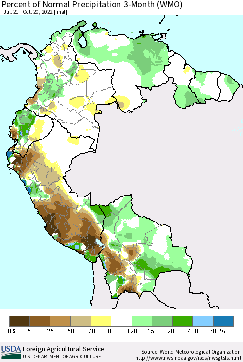 Northern South America Percent of Normal Precipitation 3-Month (WMO) Thematic Map For 7/21/2022 - 10/20/2022