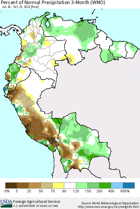 Northern South America Percent of Normal Precipitation 3-Month (WMO) Thematic Map For 7/26/2022 - 10/25/2022