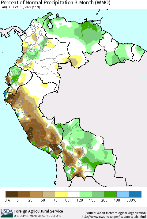 Northern South America Percent of Normal Precipitation 3-Month (WMO) Thematic Map For 8/1/2022 - 10/31/2022