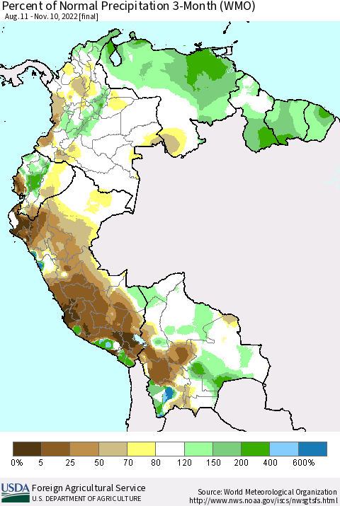 Northern South America Percent of Normal Precipitation 3-Month (WMO) Thematic Map For 8/11/2022 - 11/10/2022