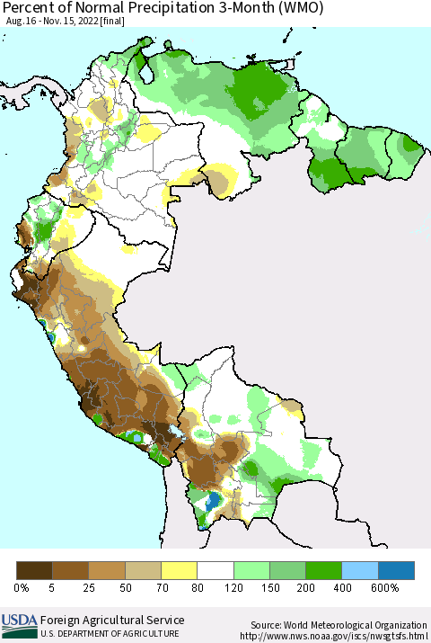 Northern South America Percent of Normal Precipitation 3-Month (WMO) Thematic Map For 8/16/2022 - 11/15/2022