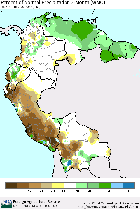 Northern South America Percent of Normal Precipitation 3-Month (WMO) Thematic Map For 8/21/2022 - 11/20/2022
