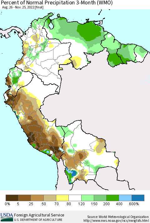 Northern South America Percent of Normal Precipitation 3-Month (WMO) Thematic Map For 8/26/2022 - 11/25/2022