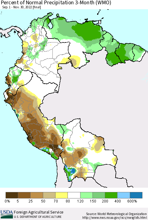 Northern South America Percent of Normal Precipitation 3-Month (WMO) Thematic Map For 9/1/2022 - 11/30/2022