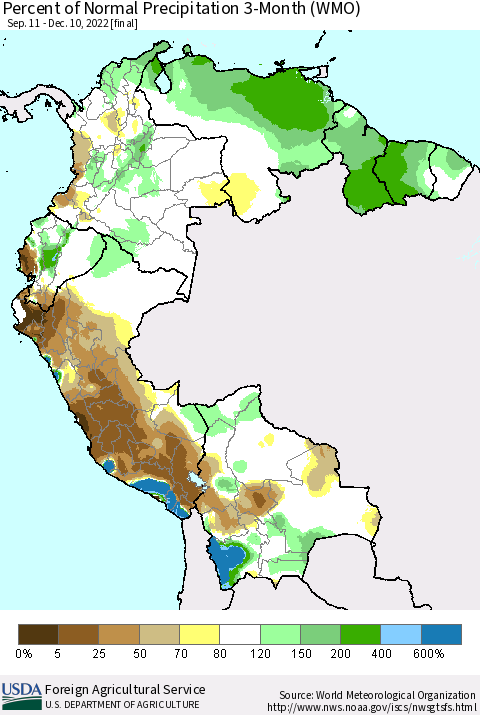 Northern South America Percent of Normal Precipitation 3-Month (WMO) Thematic Map For 9/11/2022 - 12/10/2022