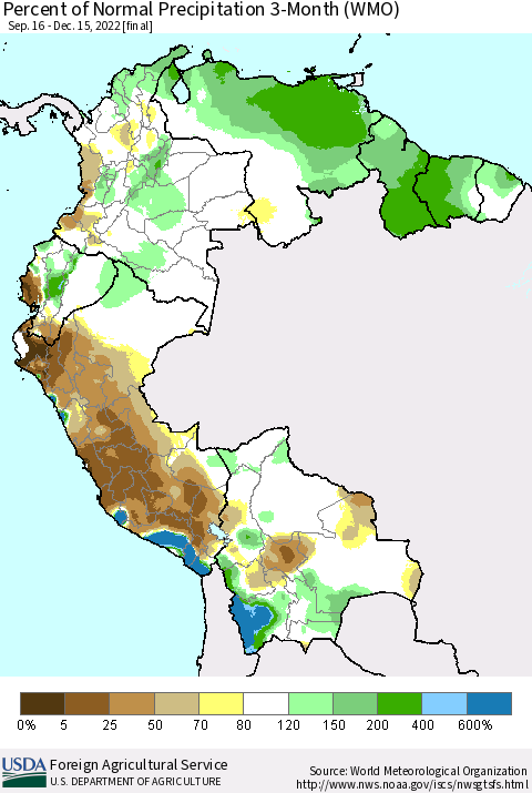 Northern South America Percent of Normal Precipitation 3-Month (WMO) Thematic Map For 9/16/2022 - 12/15/2022