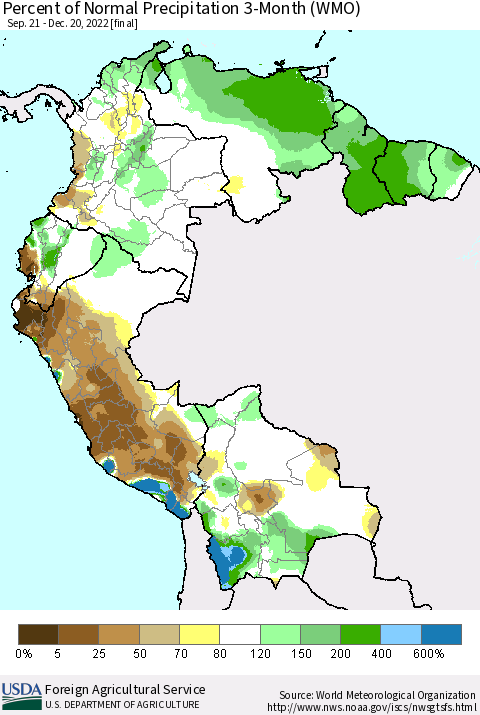 Northern South America Percent of Normal Precipitation 3-Month (WMO) Thematic Map For 9/21/2022 - 12/20/2022