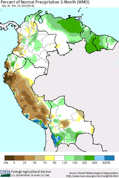 Northern South America Percent of Normal Precipitation 3-Month (WMO) Thematic Map For 9/26/2022 - 12/25/2022
