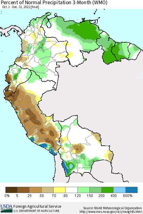 Northern South America Percent of Normal Precipitation 3-Month (WMO) Thematic Map For 10/1/2022 - 12/31/2022