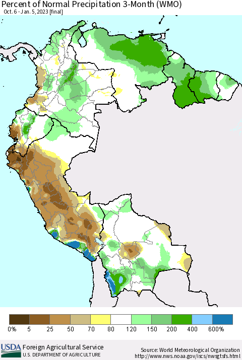 Northern South America Percent of Normal Precipitation 3-Month (WMO) Thematic Map For 10/6/2022 - 1/5/2023