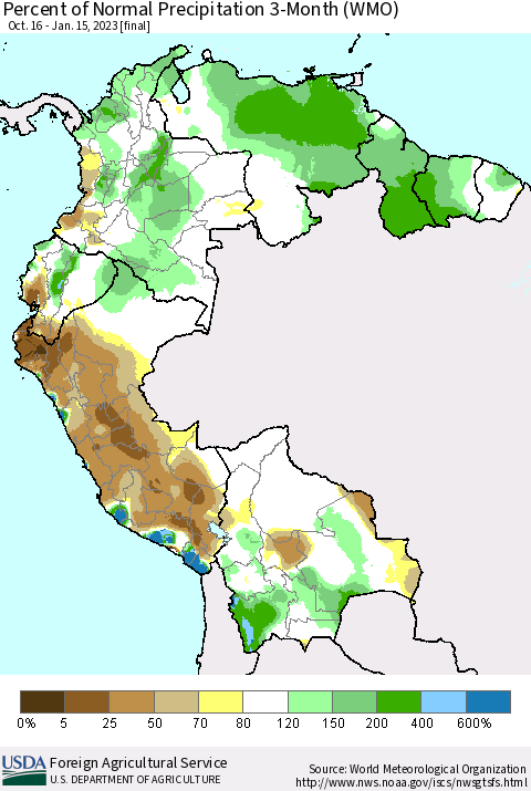 Northern South America Percent of Normal Precipitation 3-Month (WMO) Thematic Map For 10/16/2022 - 1/15/2023