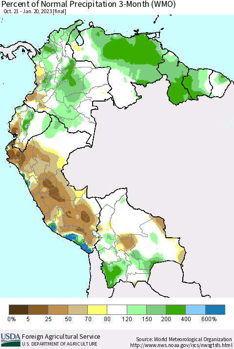 Northern South America Percent of Normal Precipitation 3-Month (WMO) Thematic Map For 10/21/2022 - 1/20/2023