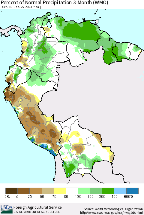Northern South America Percent of Normal Precipitation 3-Month (WMO) Thematic Map For 10/26/2022 - 1/25/2023