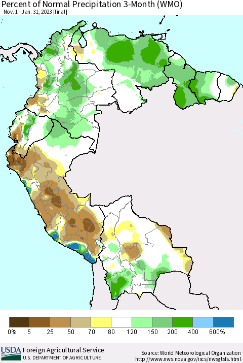 Northern South America Percent of Normal Precipitation 3-Month (WMO) Thematic Map For 11/1/2022 - 1/31/2023