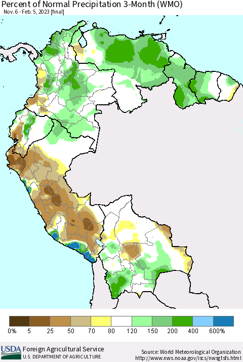 Northern South America Percent of Normal Precipitation 3-Month (WMO) Thematic Map For 11/6/2022 - 2/5/2023