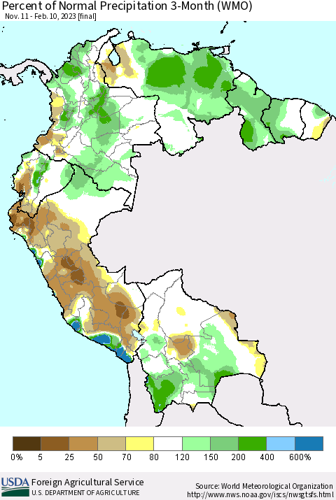 Northern South America Percent of Normal Precipitation 3-Month (WMO) Thematic Map For 11/11/2022 - 2/10/2023